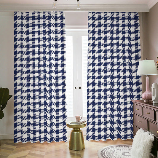 Navy And White Gingham Pattern Print Blackout Pencil Pleat Curtains