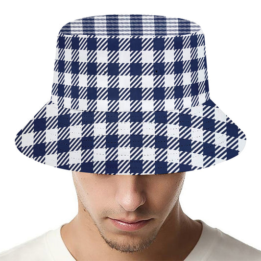 Navy And White Gingham Pattern Print Bucket Hat