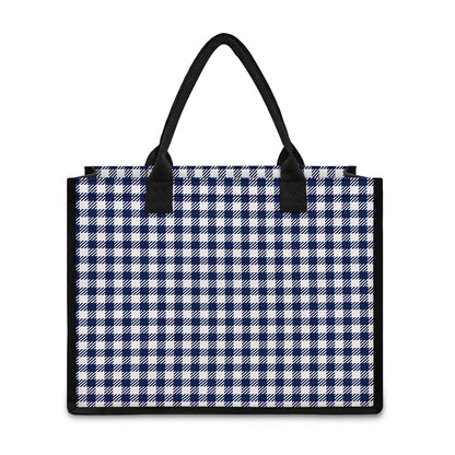 Navy And White Gingham Pattern Print Canvas Tote Bag