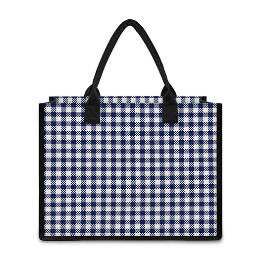 Navy And White Gingham Pattern Print Canvas Tote Bag