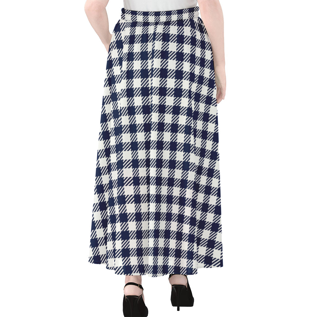 Navy And White Gingham Pattern Print Chiffon Maxi Skirt