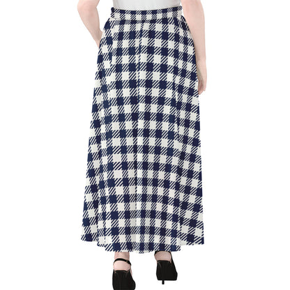 Navy And White Gingham Pattern Print Chiffon Maxi Skirt