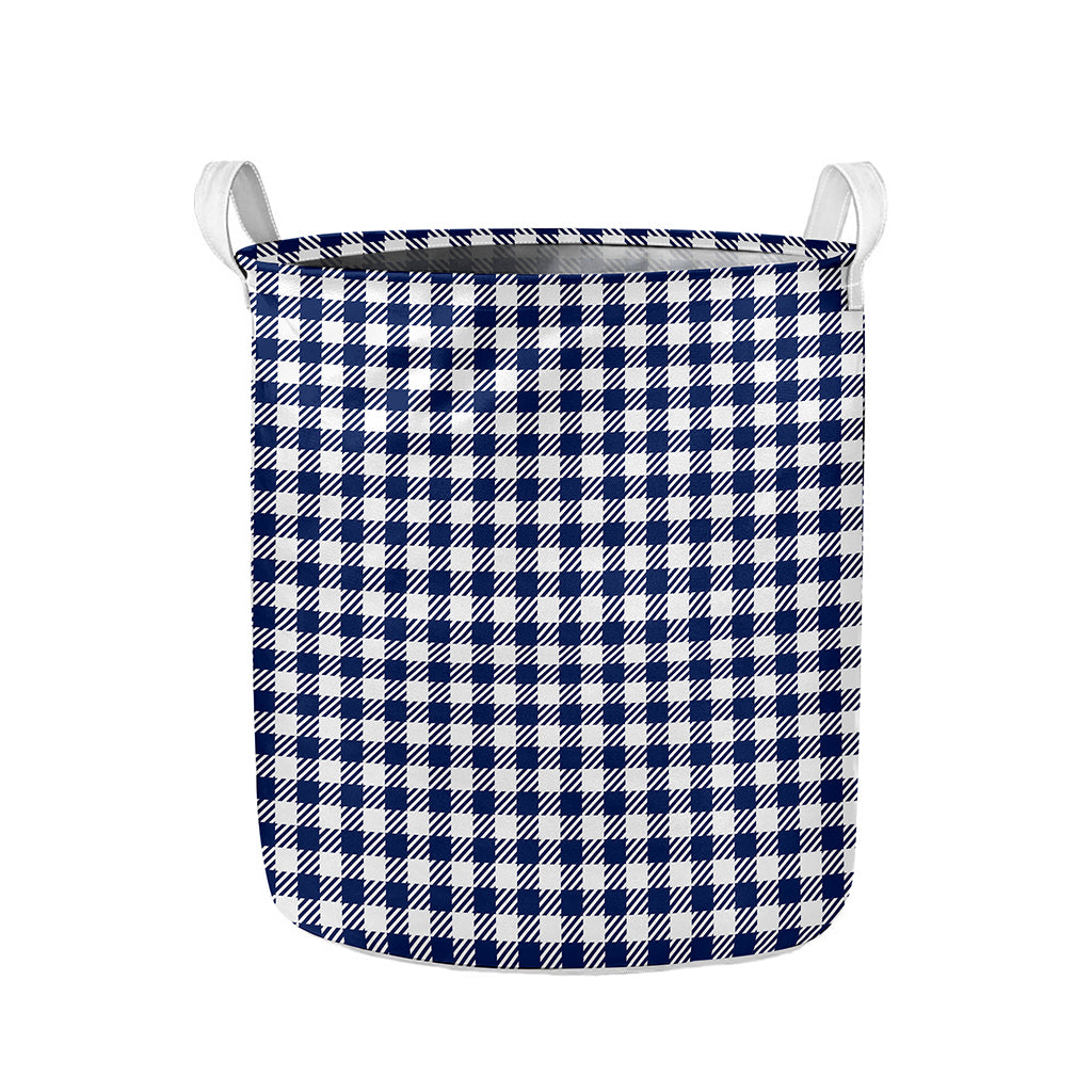 Navy And White Gingham Pattern Print Collapsible Laundry Basket