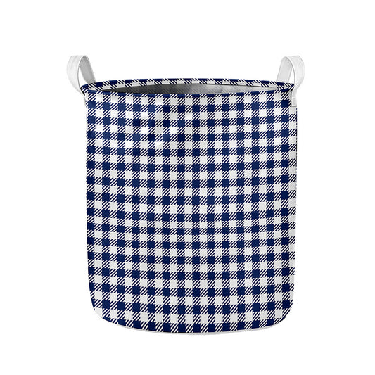 Navy And White Gingham Pattern Print Collapsible Laundry Basket