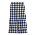 Navy And White Gingham Pattern Print Cotton Front Slit Maxi Skirt