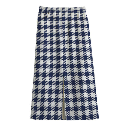 Navy And White Gingham Pattern Print Cotton Front Slit Maxi Skirt