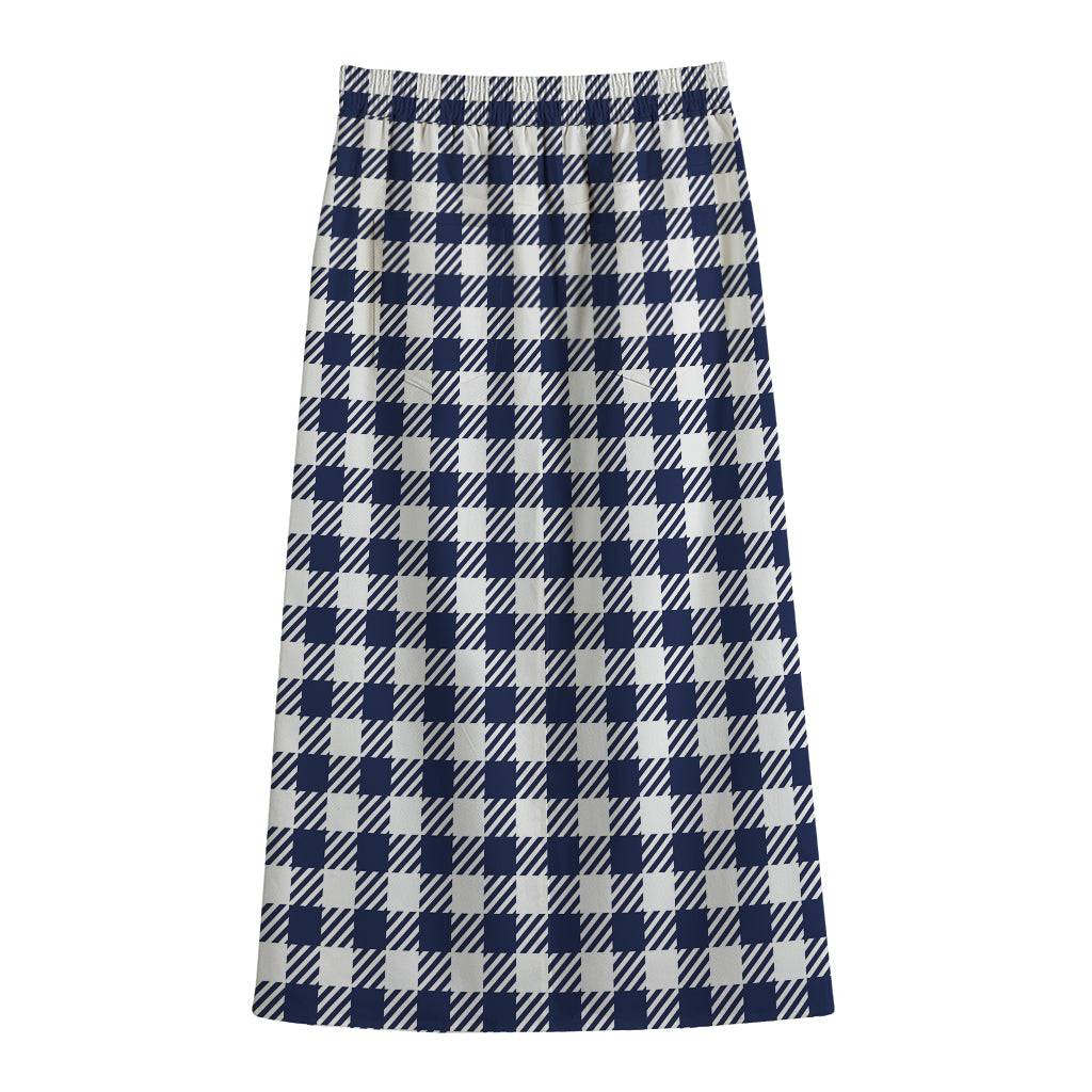 Navy And White Gingham Pattern Print Cotton Front Slit Maxi Skirt