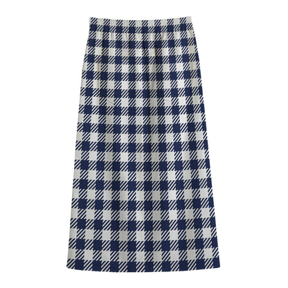 Navy And White Gingham Pattern Print Cotton Front Slit Maxi Skirt