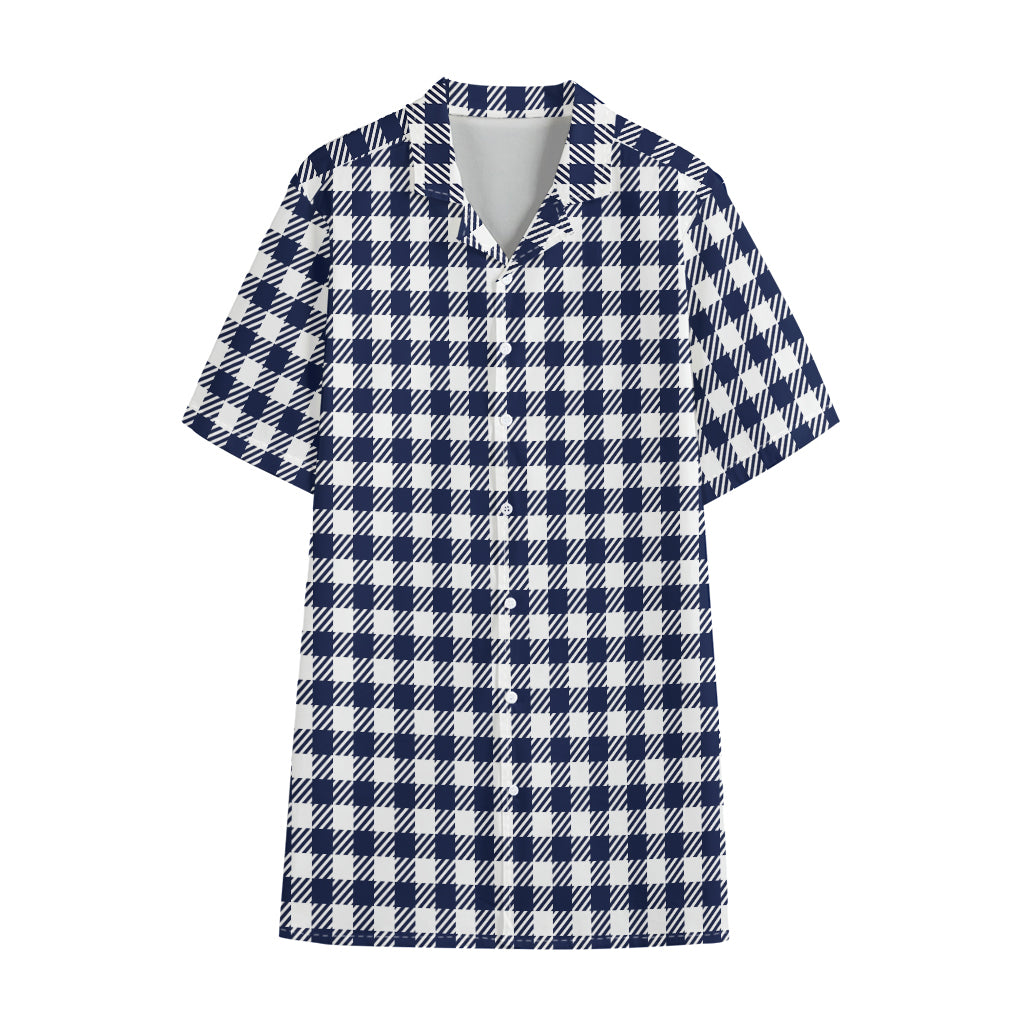 Navy And White Gingham Pattern Print Cotton Hawaiian Shirt