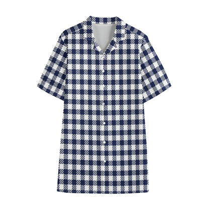 Navy And White Gingham Pattern Print Cotton Hawaiian Shirt