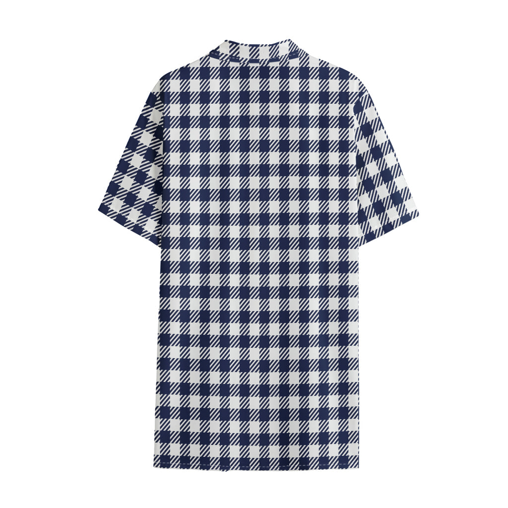 Navy And White Gingham Pattern Print Cotton Hawaiian Shirt