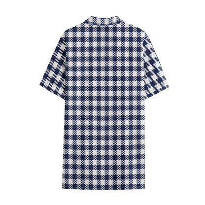 Navy And White Gingham Pattern Print Cotton Hawaiian Shirt