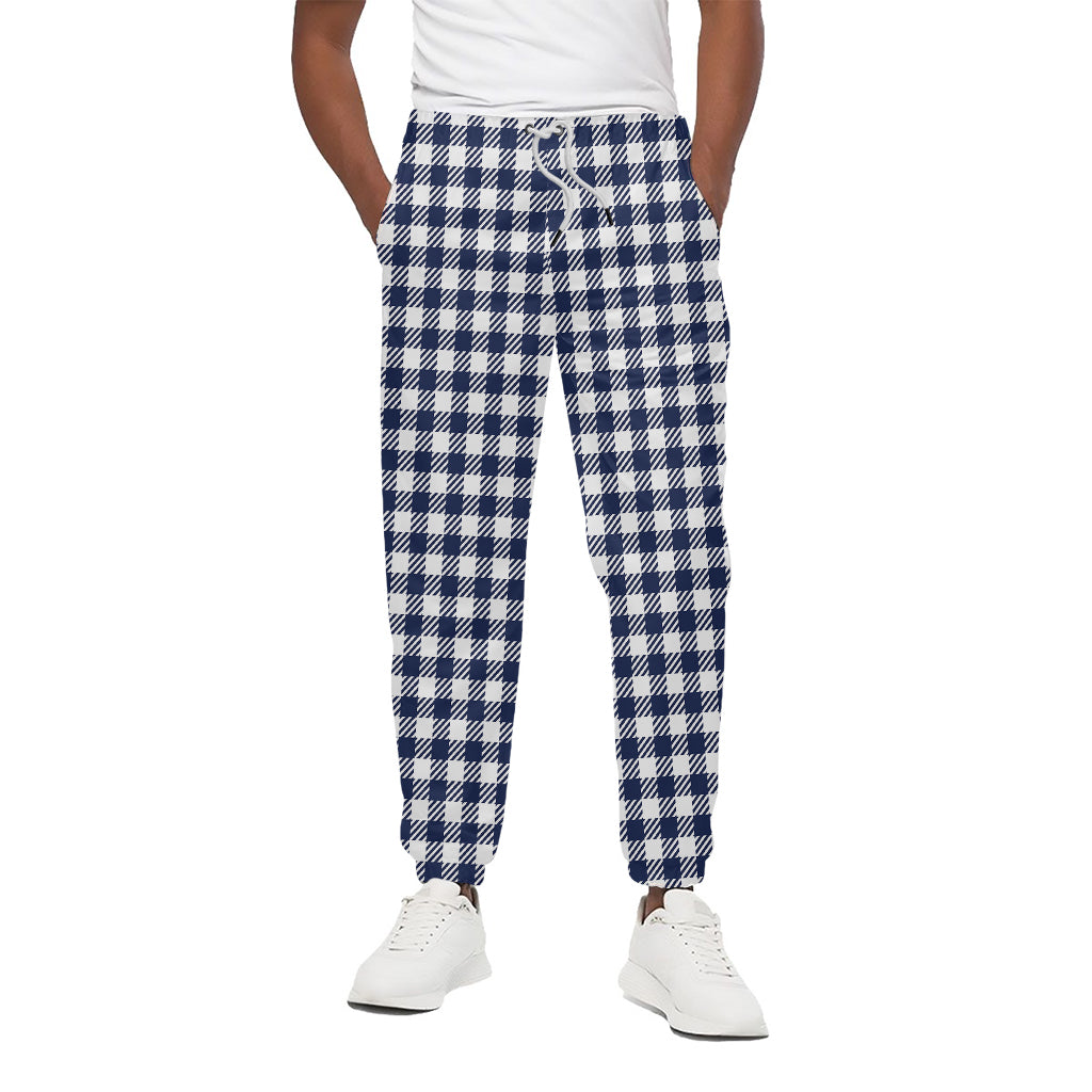 Navy And White Gingham Pattern Print Cotton Pants