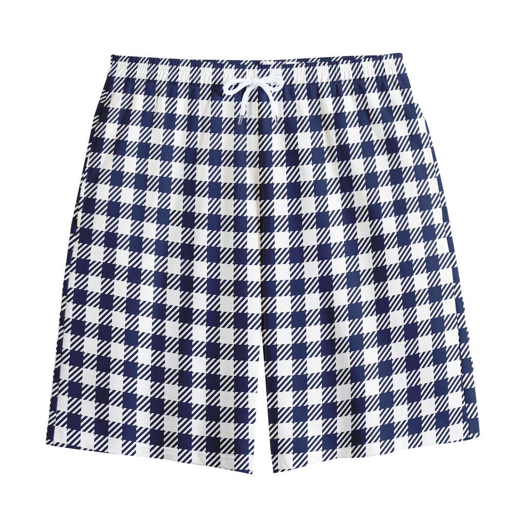 Navy And White Gingham Pattern Print Cotton Shorts