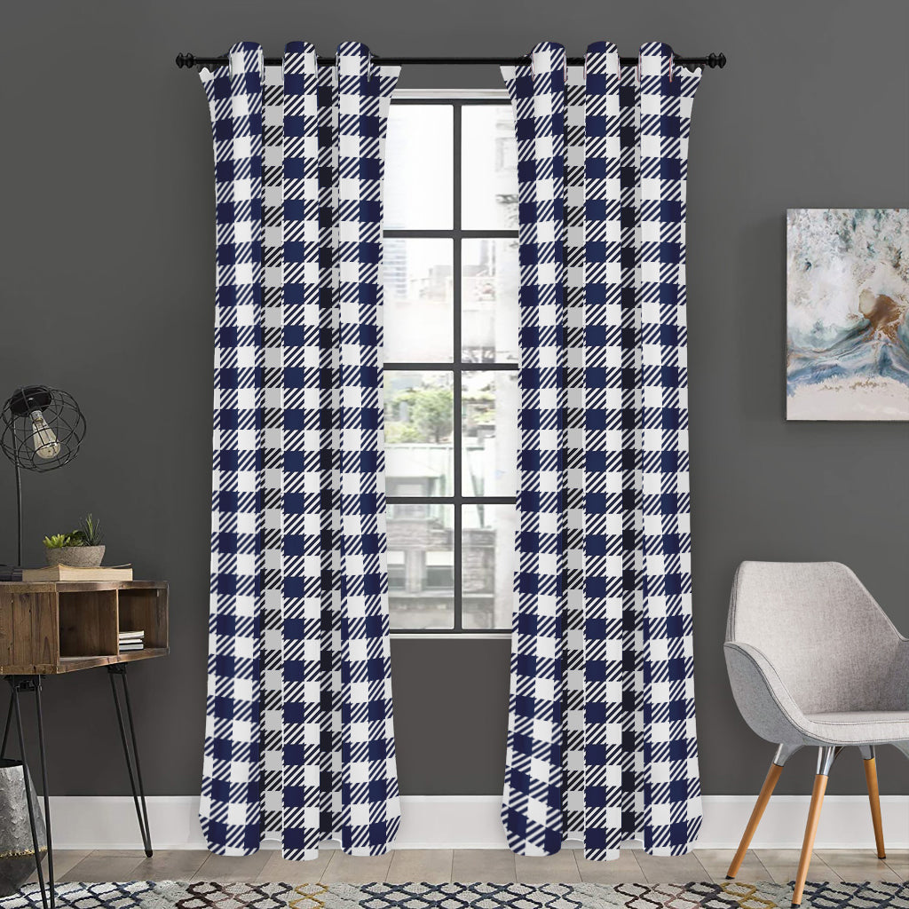 Navy And White Gingham Pattern Print Curtain