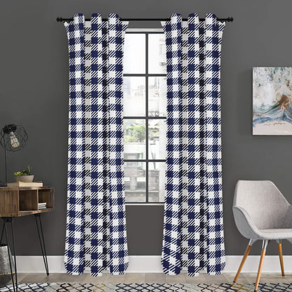 Navy And White Gingham Pattern Print Curtain