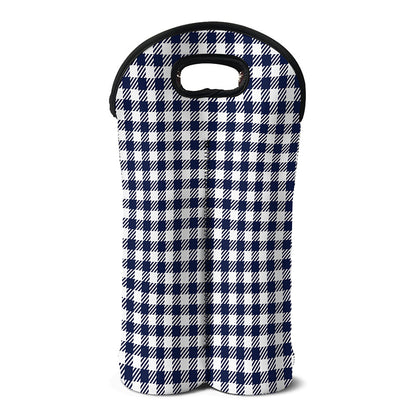 Navy And White Gingham Pattern Print Double Neoprene Wine Tote