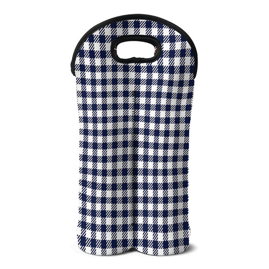 Navy And White Gingham Pattern Print Double Neoprene Wine Tote