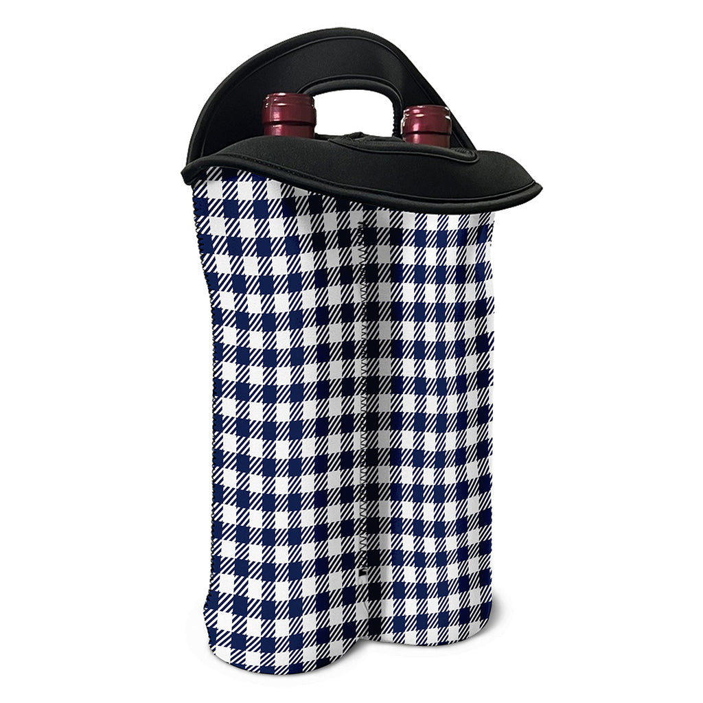 Navy And White Gingham Pattern Print Double Neoprene Wine Tote