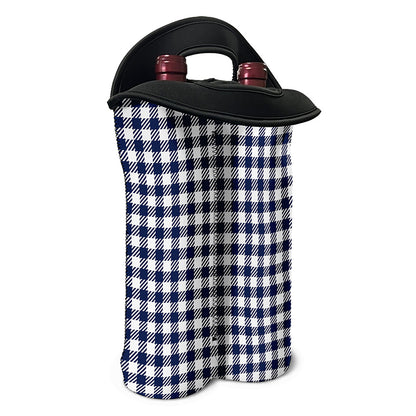 Navy And White Gingham Pattern Print Double Neoprene Wine Tote