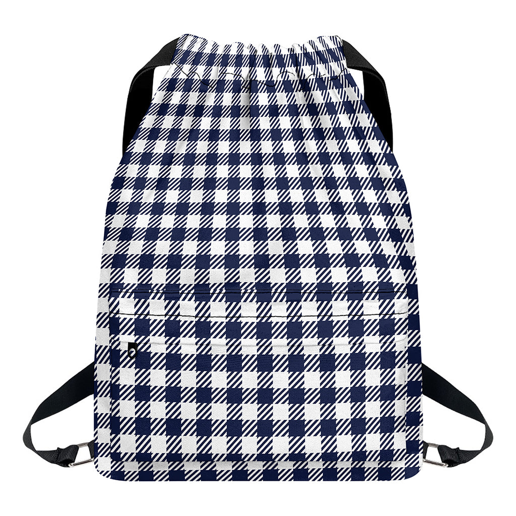Navy And White Gingham Pattern Print Drawstring Backpack