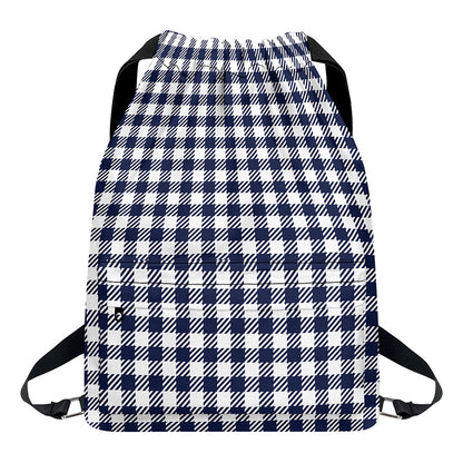 Navy And White Gingham Pattern Print Drawstring Backpack