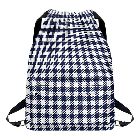 Navy And White Gingham Pattern Print Drawstring Backpack