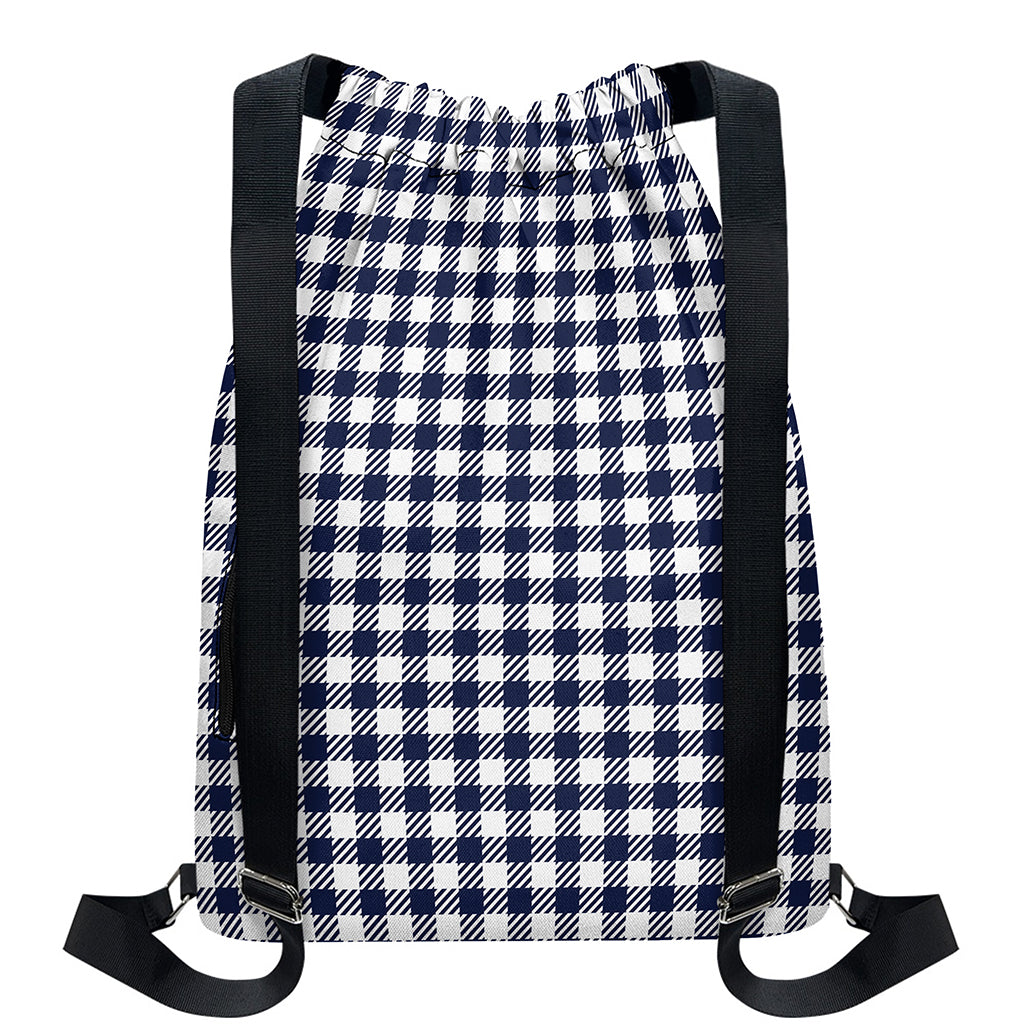 Navy And White Gingham Pattern Print Drawstring Backpack