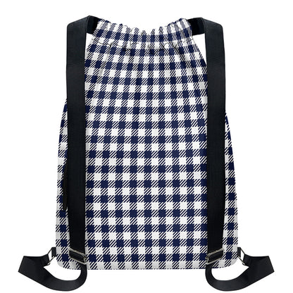 Navy And White Gingham Pattern Print Drawstring Backpack