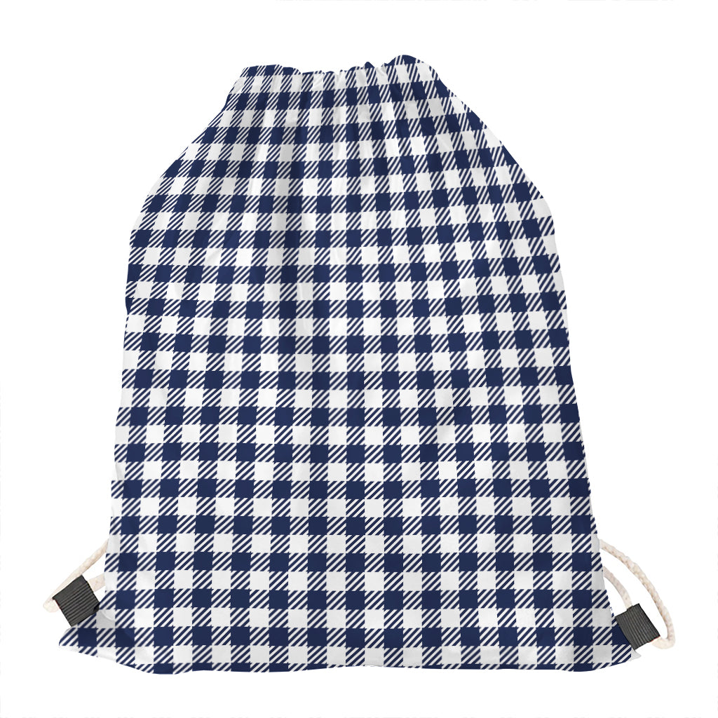 Navy And White Gingham Pattern Print Drawstring Bag