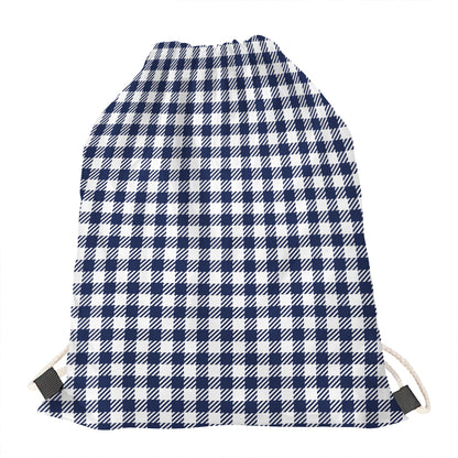 Navy And White Gingham Pattern Print Drawstring Bag