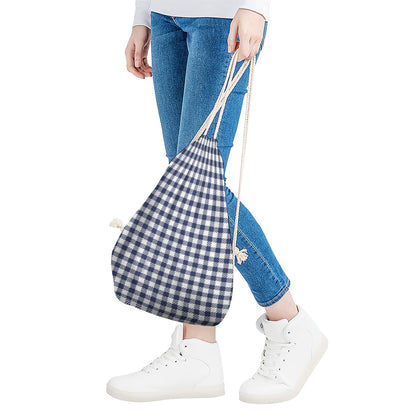 Navy And White Gingham Pattern Print Drawstring Bag