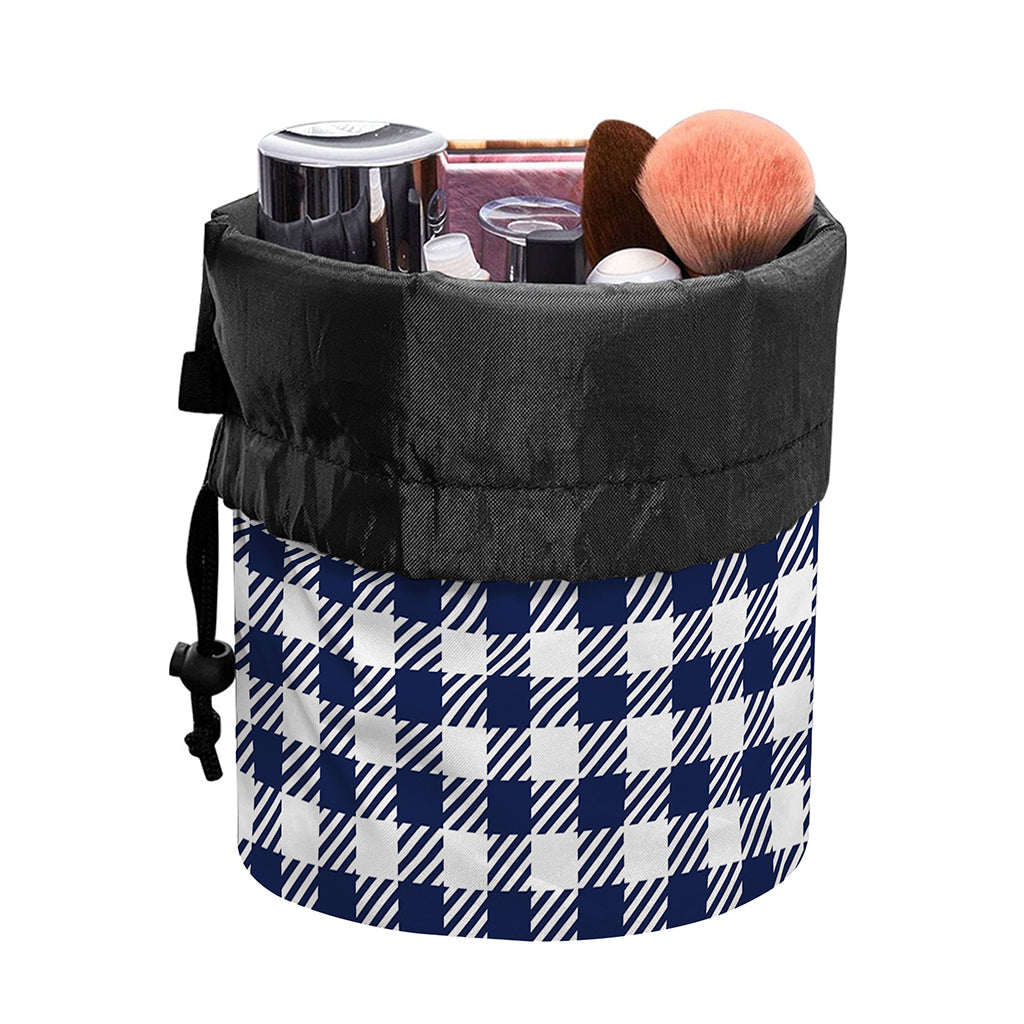 Navy And White Gingham Pattern Print Drawstring Makeup Bag