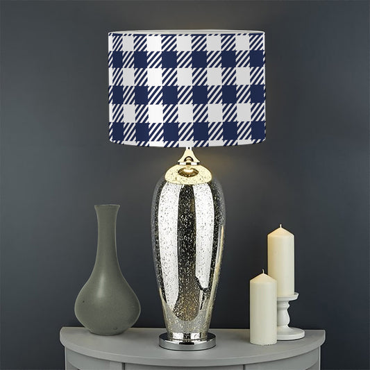 Navy And White Gingham Pattern Print Drum Lamp Shade