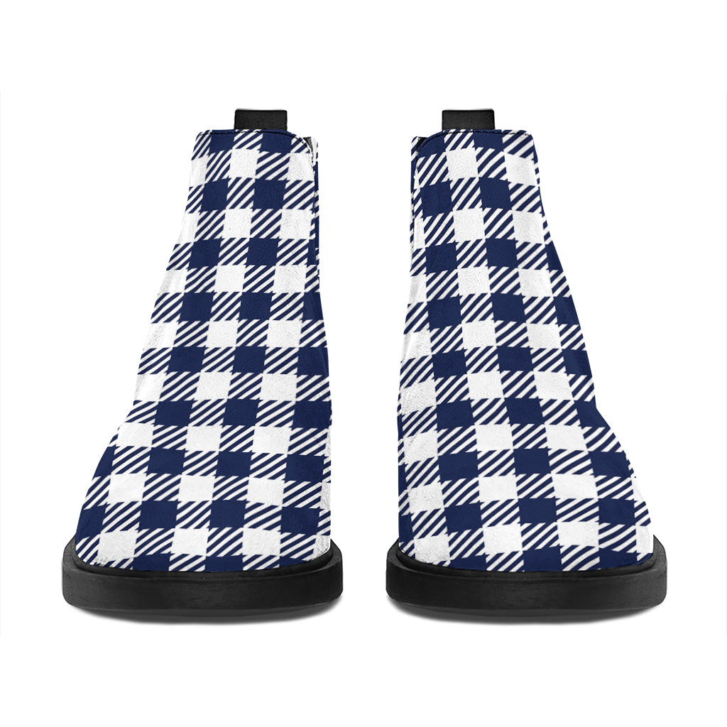 Navy And White Gingham Pattern Print Flat Ankle Boots