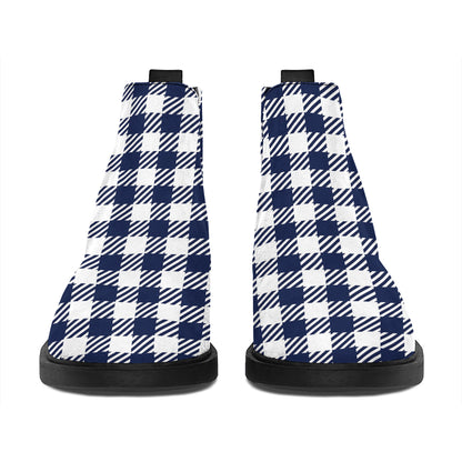 Navy And White Gingham Pattern Print Flat Ankle Boots