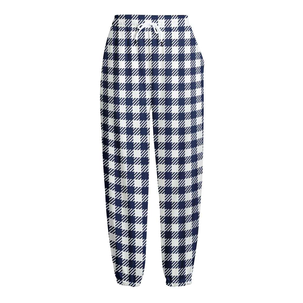 Navy And White Gingham Pattern Print Fleece Lined Knit Pants