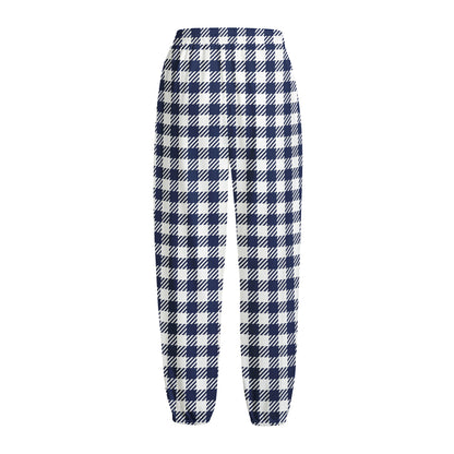 Navy And White Gingham Pattern Print Fleece Lined Knit Pants