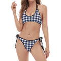 Navy And White Gingham Pattern Print Halter Scoop Tie Side Bikini
