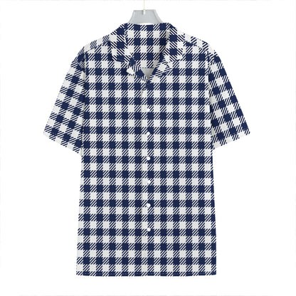 Navy And White Gingham Pattern Print Hawaiian Shirt