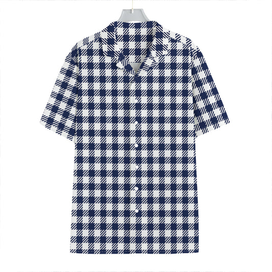 Navy And White Gingham Pattern Print Hawaiian Shirt