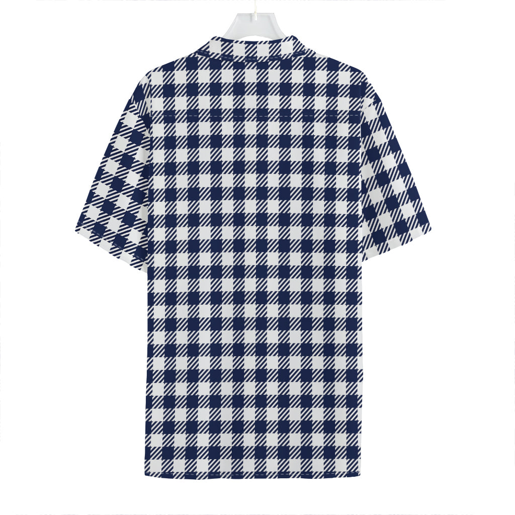 Navy And White Gingham Pattern Print Hawaiian Shirt