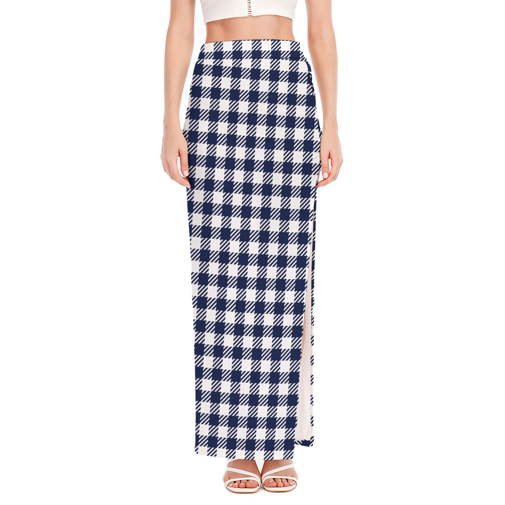 Navy And White Gingham Pattern Print High Slit Maxi Skirt