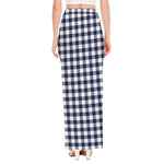 Navy And White Gingham Pattern Print High Slit Maxi Skirt