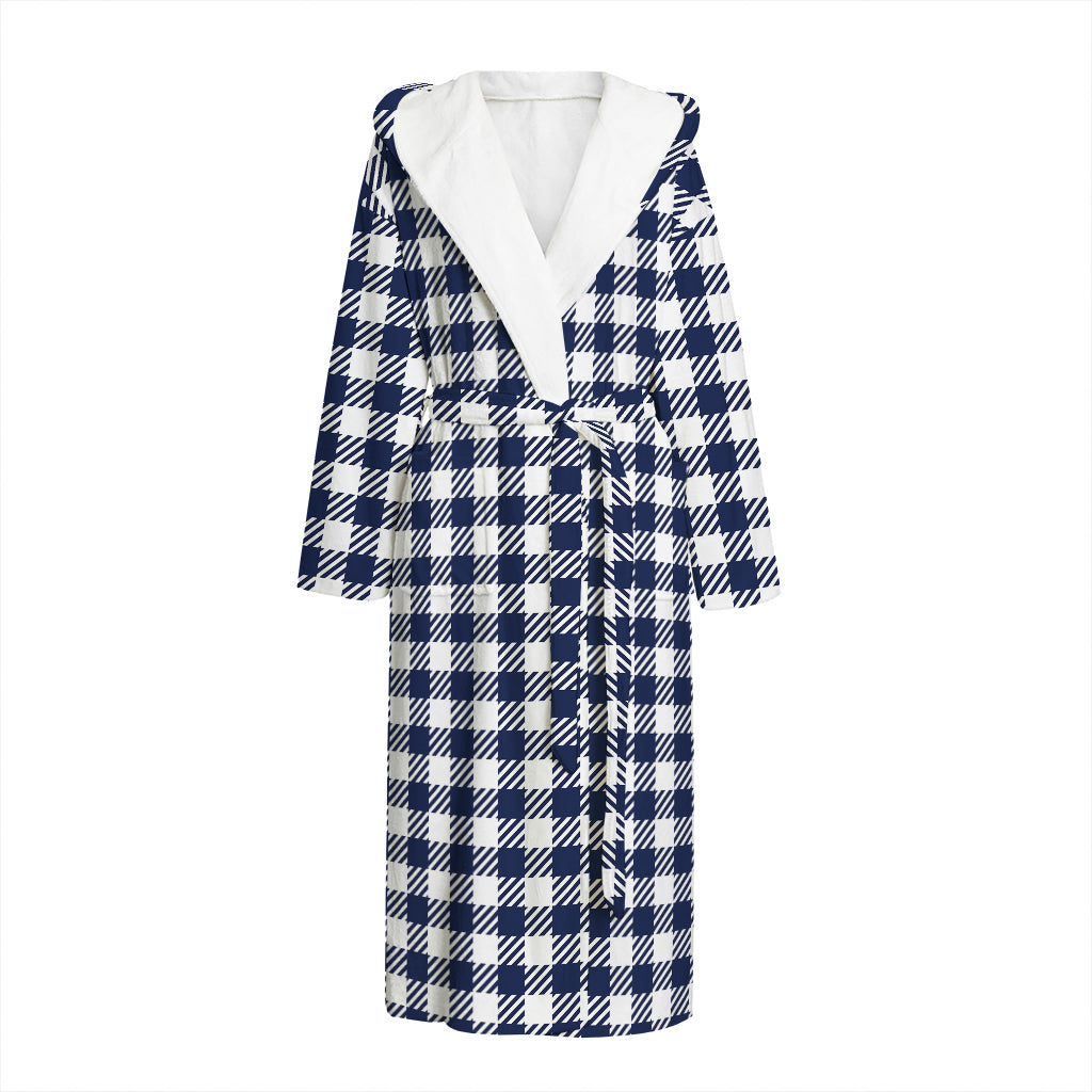 Navy And White Gingham Pattern Print Hooded Bathrobe