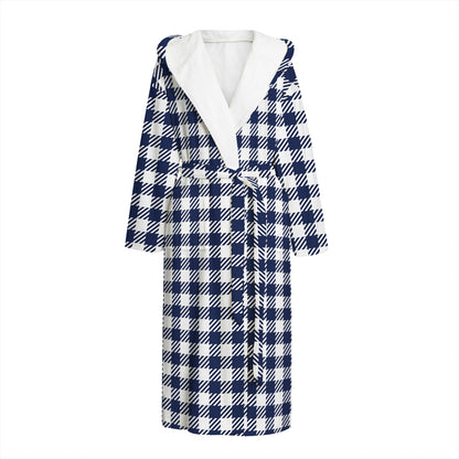 Navy And White Gingham Pattern Print Hooded Bathrobe
