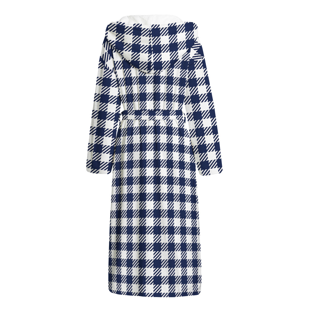 Navy And White Gingham Pattern Print Hooded Bathrobe