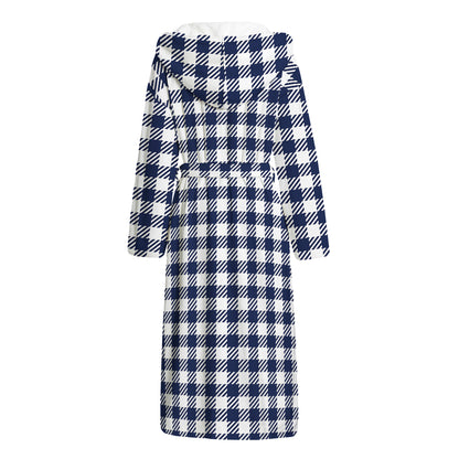 Navy And White Gingham Pattern Print Hooded Bathrobe