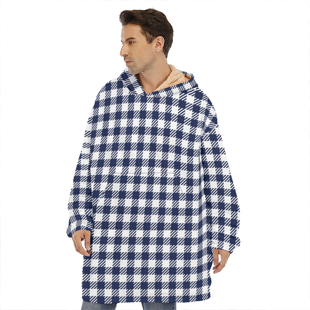 Navy And White Gingham Pattern Print Hoodie Blanket