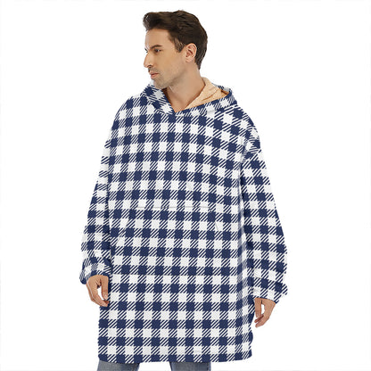 Navy And White Gingham Pattern Print Hoodie Blanket